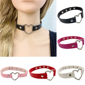 Womens Choker Collar Necklace Heart Ring Leather Charm Gothic Punk Classic - Picture 1 of 16