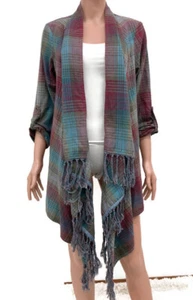 Billabong Open Front Cardigan Top Long Sleeve Plaid Fringe Hem Size M - Picture 1 of 9