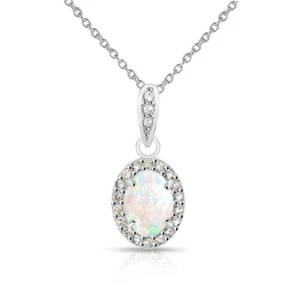 Oval Halo Simulated White Opal & Morganite Necklace in Sterling Silver - Picture 1 of 3