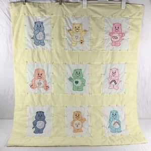 VTG Handmade Embroidered Care Bears Crib Quilt Blanket 48” X 42.25” Yellow - Picture 1 of 5