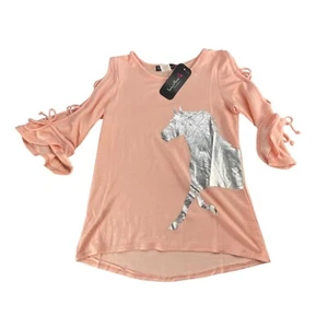 Love Alexa Girls Top Size M Unicorn Print Top Pink Ruffled Tie Sleeves Rayon Ble - Picture 1 of 8