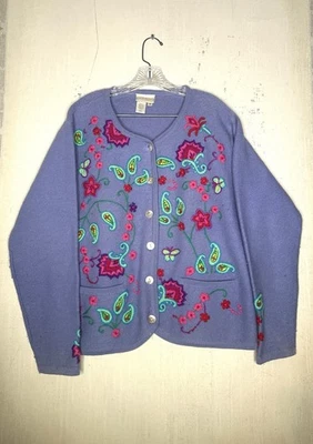 Cárdigan bordado floral suéter abotonado Coldwater Creek de lana de colección talla: XL Foto 1 de 4
