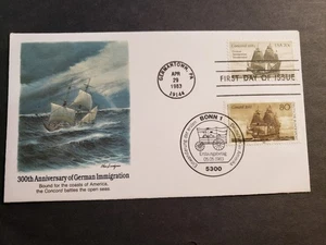 Inmigración Alemana 1983 Doble Cubierta Fleetwood Envío CONCORD Cachet EE. UU. Y ALEMANIA - Imagen 1 de 2