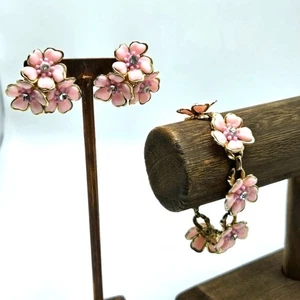 50's Pink Lucite Floral Earrings Bracelet Jewelry Set Flower Gold Demi Parure - Picture 1 of 7