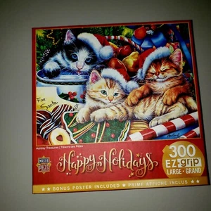 Christmas kittens 300 pc LARGE EZ Grip Puzzle HOLIDAY TREASURES Santa Cats - Picture 1 of 2