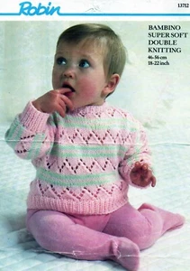 ~ Robin Baby Knitting Pattern For Pretty Lacy Stripe Jumper ~ 18" ~ 22" ~ - Picture 1 of 1