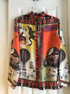 NWT ETRO Long Sleeve Blouse w/ Bright Colors, 100% Silk, Made in Italy, 12/IT 48