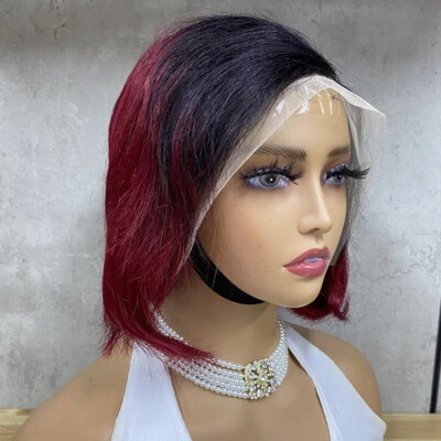 Pelucas Bob Cortas Rojas Ombre 13x4 Encaje Frontal Remy Cabello Humano Pelucas Cabello Brasileño Foto 1 de 4