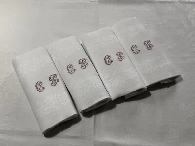 Linge Ancien 4 Grandes Serviettes Ou Sur Nappe Damassé De Soie Monogramme C P - Photo 1/4