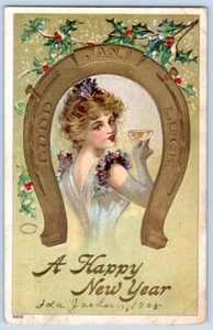 1908 A HAPPY NEW YEAR JAN 1 GOOD LUCK HORSESHOE PRETTY WOMAN EMBOSSED POSTCARD 3 - Picture 1 of 2