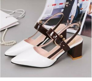 Women Ankle Strap Summer Pointy Chunky Block Heels Sandals Slingback Dress Shoes