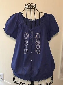IZOD Cotton Embroidered Short Sleeve Top, Blue, Vintage, Made in India, Large - Picture 1 of 9