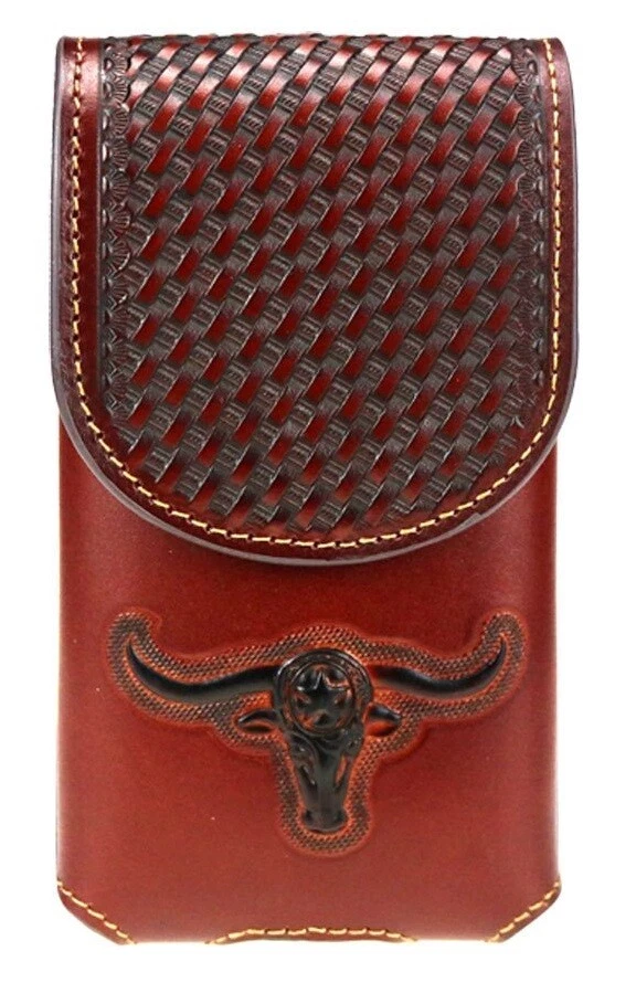 6.5" LONGHORNS LARGE WESTERN LEATHER POUCH CASE BELT LOOP HOLSTER PHONE #EH11701 - Image 1 of 4