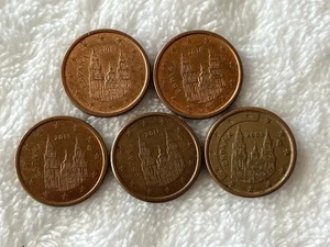 Spain 5 x 1 Euro Cent Coins Circulated 2018, 2016, 2013, 2011, 2003 - Picture 1 of 12