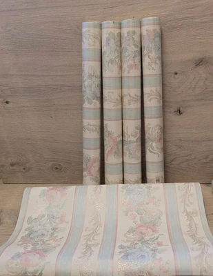 4 Vintage Floral Stripe Wallpaper with Pastel Roses Shabby Chic Rose striped - Image 1 of 4