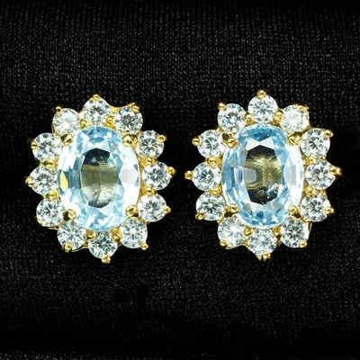 Llamativos pendientes con halo de oro de 24 quilates de plata de ley 925 de 4,80 quilates de aguamarina azul bebé Foto 1 de 4