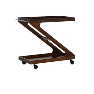 Linon Mare Z Shaped Rolling Bar Cart Glass Top Shelf in Rich Brown Stained Wood - Picture 1 of 13