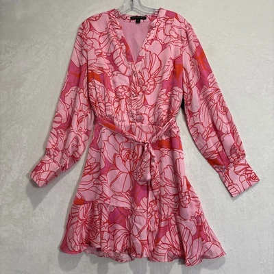 Boston Proper Blooming Outlines Print Button Up Ruffle Flounce Dress Pink 14 NWT - Image 1 of 4