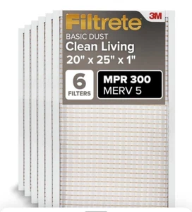 Filtrete 20x25x1 Pleated Air Filters, AC & Furnace,MPR 300,MERV 5,NEW,6 - PACK - Picture 1 of 13