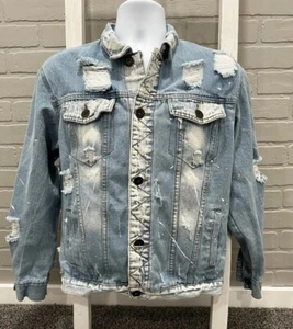 Herren Denim Distressed Jacke Rollpapier weiß Farbspritzer Design Größe MED - Bild 1 von 17