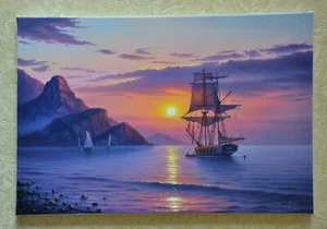 Paesaggio marino dipinto olio su tela, arte murale, Stoev.S, "Mattina al porto" - Foto 1 di 11