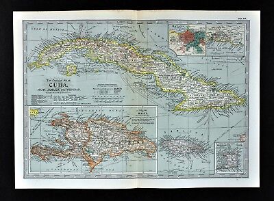 1902 Century Map West Indies Caribbean Cuba Bahamas Jamaica Porto Rico Antilles • 16$