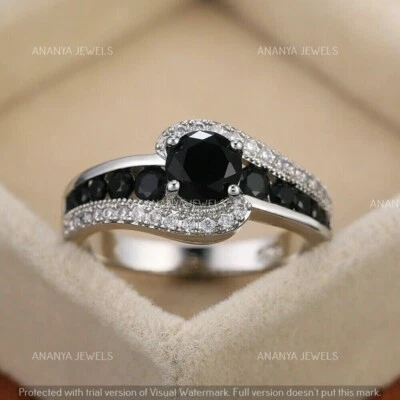 2 Ct Round Cut Lab-Created Black Spinel Engagement Ring Real 925 Sterling Silver - Image 1 of 4