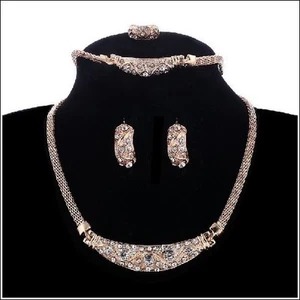 Gold Plated Crystal Necklace Bracelet Earrings Ring Set Wedding Fashion Jewelry - Picture 1 of 13