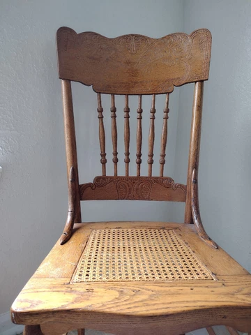 Vintage Mid-Century Pressback Spindle Oak and Cane Country Chair Mid 1900s Cover