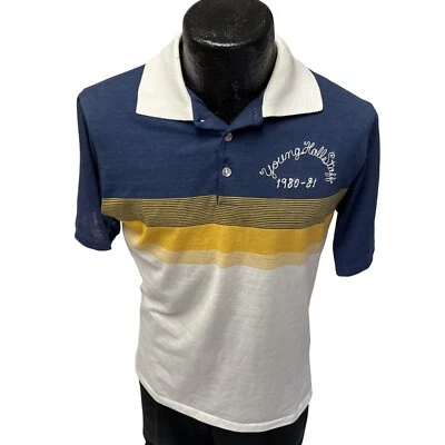 Camisa Polo Vintage Azul Punto Cadena 1981 Amarillo Rayas Ultra Delgada Surfer 50/50 S Foto 1 de 4