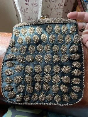 Vintage Hand Beaded Evening Purse Bag Clutch Gold Seed Pearls Satin 8x9” - Image 1 of 4