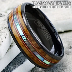 Black Tungsten Whiskey Barrel Wood - Abalone & Dual Guitar String Men's Ring - Picture 1 of 12