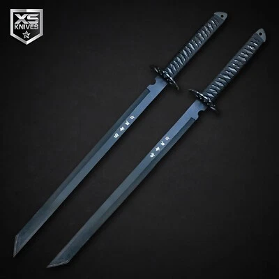 DEFENDER XTREME 27" 2pc Black Ninja Sword Set Tanto Full Tang Machete Tactical Katana w/ SHEATH