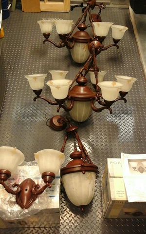 TWO FAUX CARVED WOOD CHANDELIERS AND TWO WALL SCONCES Cover