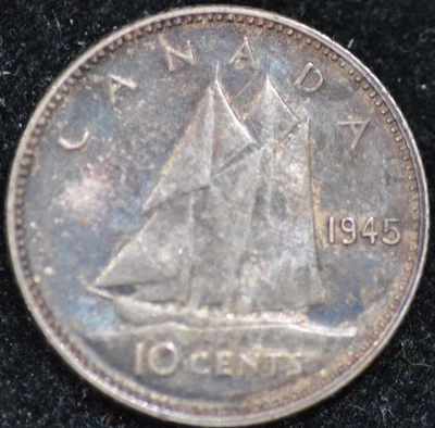 1945 ALMOST UNCIRCULATED., Blue Toning, 80% SILVER Canadian 10 cents - Image 1 of 2