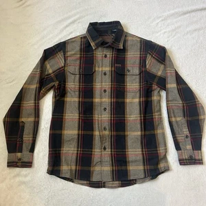 Orvis Heavy Flannel Shirt Jacket Mens Medium Brown Red Black Plaid Hand Pockets - Picture 1 of 10