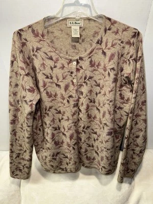 L.L. Bean women’s Size Medium Lambswool Angora Red leaf print cardigan sweater - Image 1 of 4