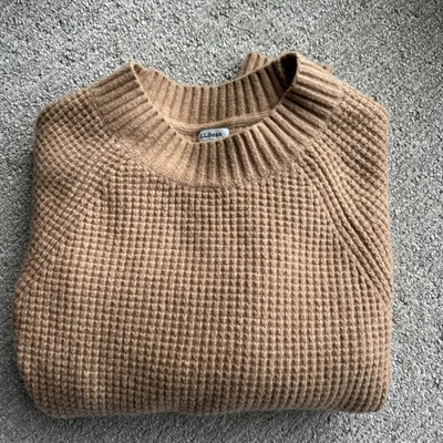 LL Bean SuperSoft Waffle Sweater Crewneck Honey Brown Heather Zip Accent Small - Image 1 of 4