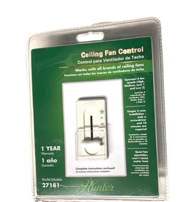 Hunter Wired’s 吊扇/灯控制 4 速双幻灯片 #27181 白色 全新 — 第 1/3 张图片