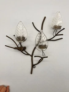 3D Wall Sconce - Rustic Branch With Bird And 3 Leaf Shaped Glass Candle Holders - Picture 1 of 7