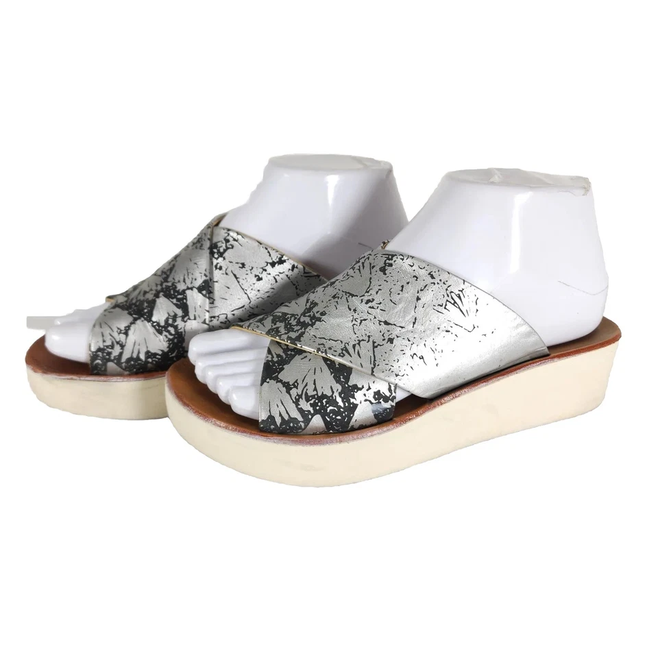 OLUKAI Women's Onohi US 6 Leather Silver Wedge Platform Slide Sandals Shoes  - Image 1 of 4