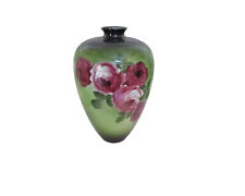Antique 1900s Large Fostoria Milk Glass Green Vase w Hand Painted Roses