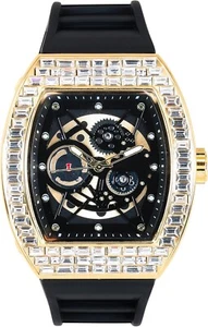 Techno Pave 40mm Iced Out Gold Black Dial Tonneau Baguette Silicone Band Watch - Picture 1 of 4