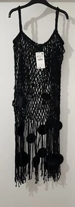 ZARA BLACK MACRAME KNIT MIDI SEQUINS DRESS WITH FRINGED HEM SIZE M BNWT - Picture 1 of 11