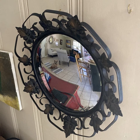 Vintage Round Convex Mirror With Wrought Iron Frame Cover