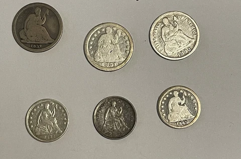 1837 seated Dime and 1851, 1890 Dimes and 1858, 1855, 1845 half Dimes. Lot Cover