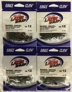 *4 Packs* EAGLE CLAW Lazer Sharp Barrel Swivel Interlock Snap (Size 12) (140 Ct) - Picture 1 of 3