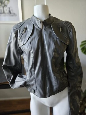 NWT Neu Look Moto Jacket Size Mediu Gray Crop Faux Leather Full Zip Snap Buttons - Image 1 of 4
