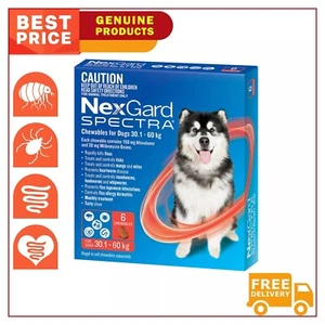 NEXGARD SPECTRA 6 Chews for Dog RED Heartworm Flea Treatment 30.1 to 60 Kg - Picture 1 of 2