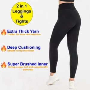Women's Thermal Fleece 2 in 1 Leggings Black Tummy Control Ladies Thick Pants - Picture 1 of 7